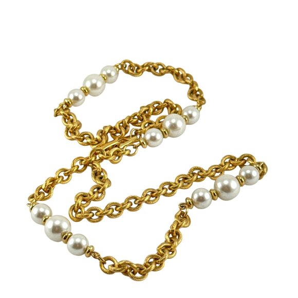 Vintage Napier Gold Tone Rope Chain Necklace with Faux Pearls 1980s Signed - Picture 5 of 8